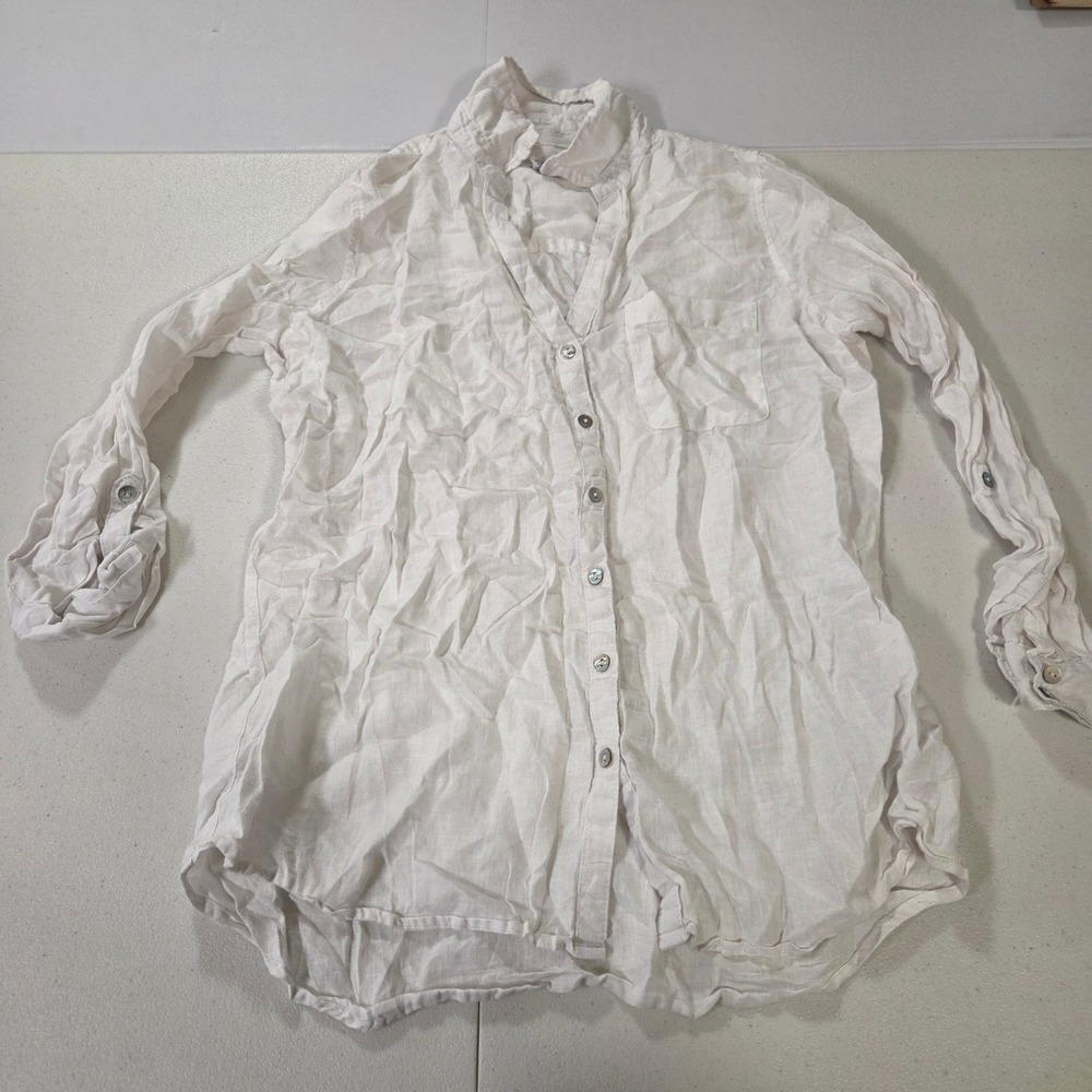 Sigrid Olsen White 100% Linen Button Down Roll Tab Sleeve Shirt Womens Medium
